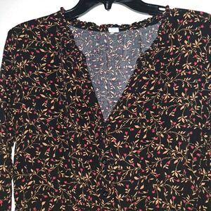 Womens Black Floral Print Button Down Midi Dress‎ Bell Sleeve V Neck